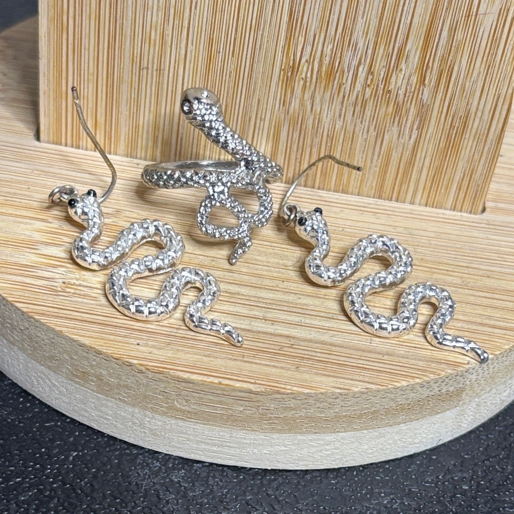 Serpent Snake Ring Dangle Earrings Fasion Jewelry Set Silver Tone